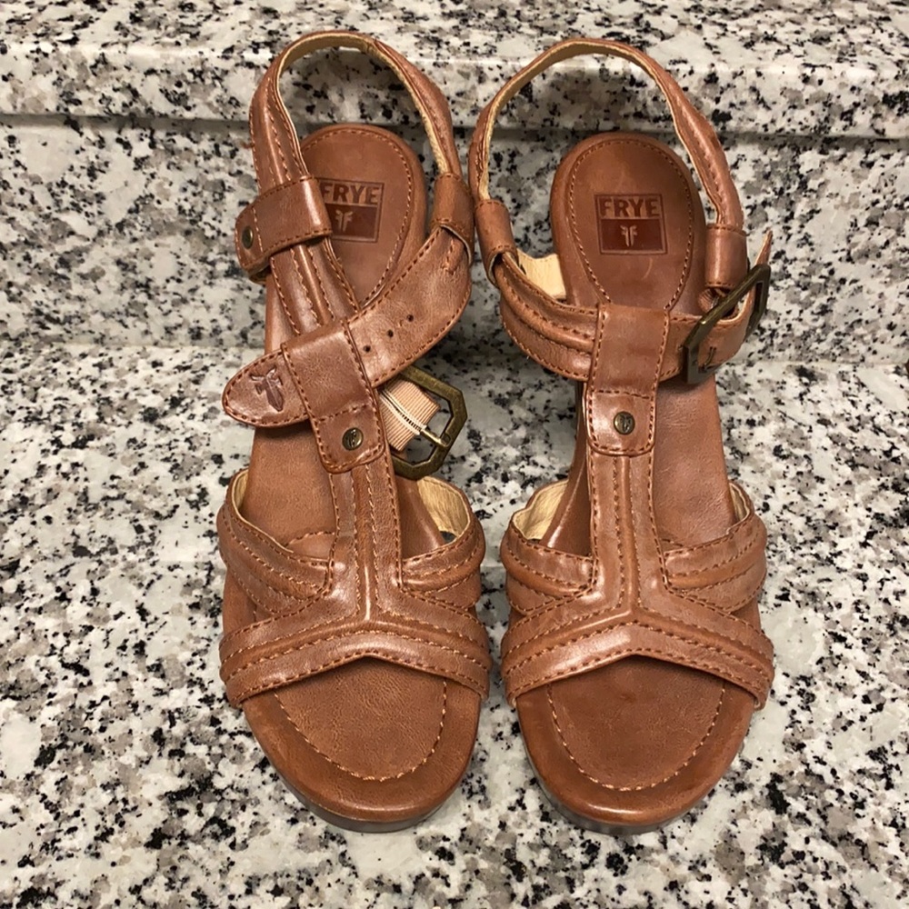 Frye Tan Leather Heels with Strappy Design